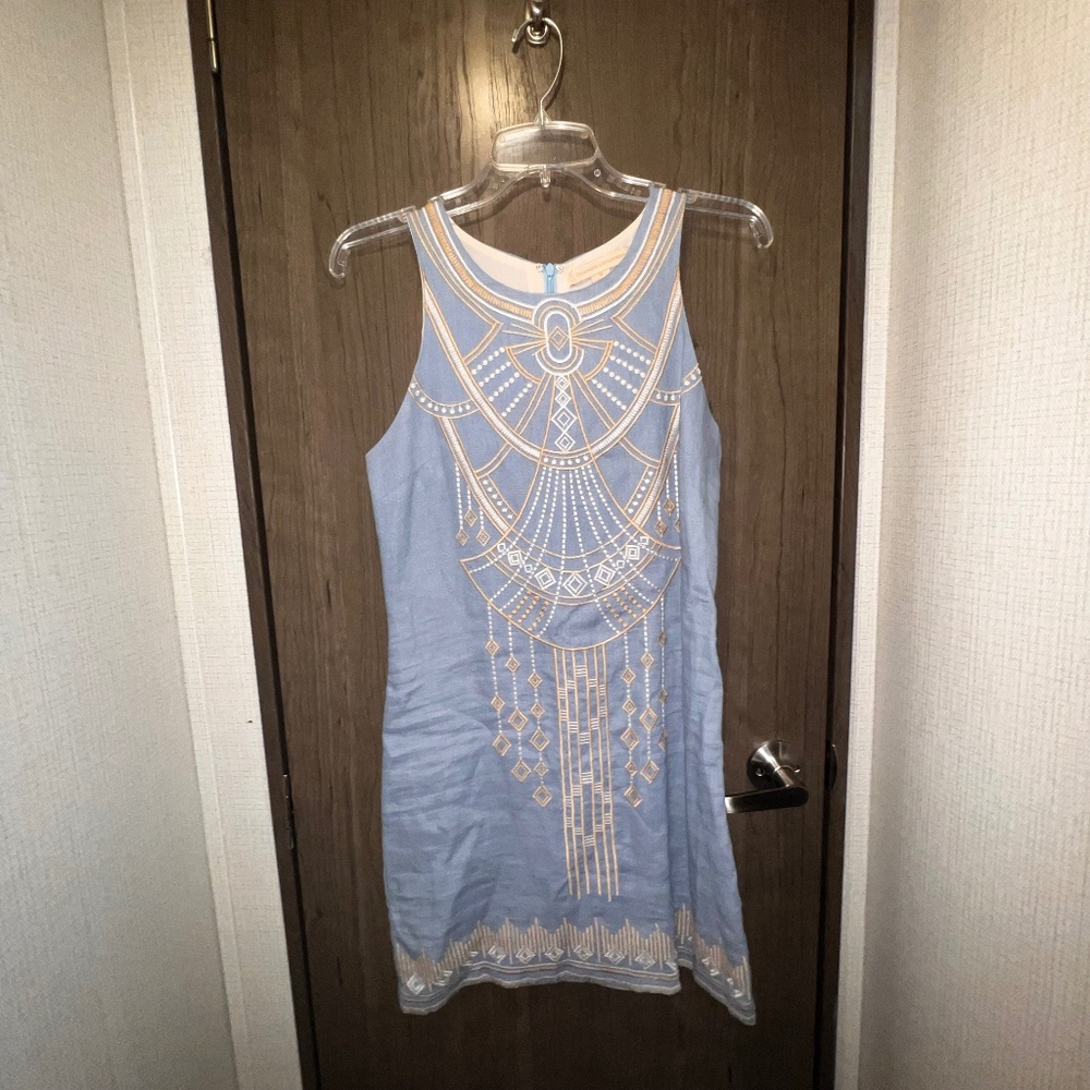 Champagne & Strawberry Blue Embroidered Shift Dress M – Boho Chic Festival